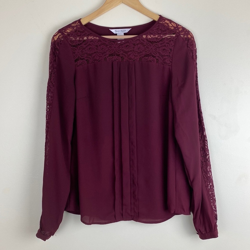 White House Black Market Woman’s Size 6 Blouse Long Sleeve Lace Neck and Arms - Picture 1 of 8
